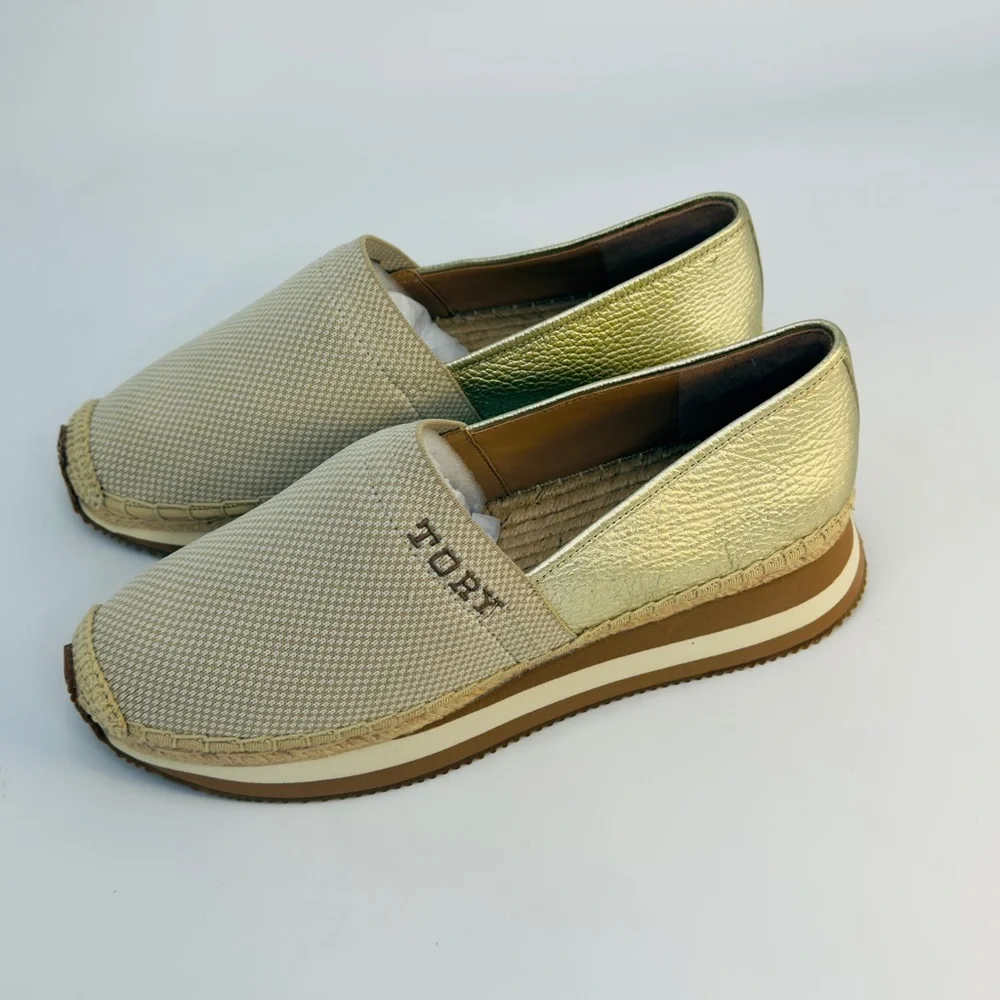 Tory Burch Gold/Beige Knit Fabric Daisy Espadrille Slip-On‎ Sneakers Sz 9